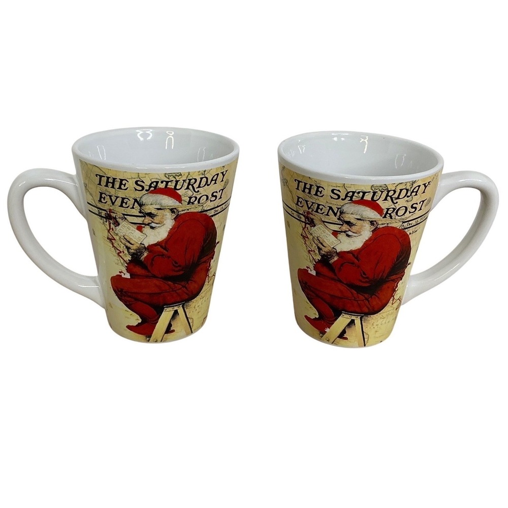 Set of 2 The Saturday Evening Post Santa Claus Tall Latte Mugs Christmas Vintage